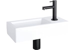 ‎DIFFERNZ Differnz Helios Waschbecken klein, Handwaschbecken Keramik Weiß, Schwarz Armaturen Wasserhahn Rechts, Waschtisch, Kaltwasserhahn – 37.5 x 18 x 9.5 cm