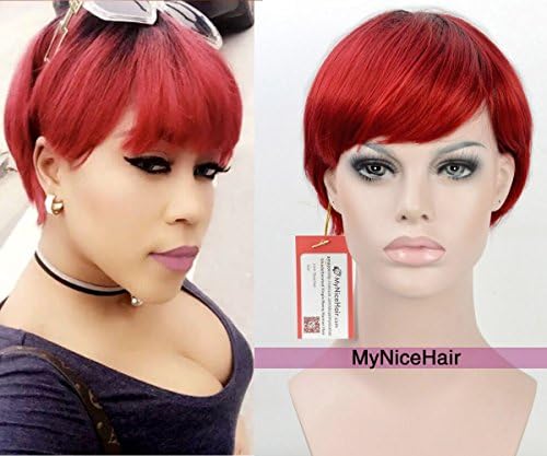 MyNiceHair-- 100% Pure Real Human Hair Ombre Colour Black To Red Bob Short Wigs for Women, Can Be Washed and Curled