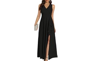 COOAN Frauen Schwarz Lang Formelle Kleider Cocktail Hochzeit Gastkleider Rüschen Teilung Elegant V Hals Party Kleider