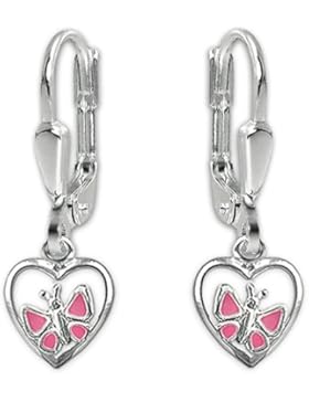 CLEVER SCHMUCK Silberne Ohrhänger 22 mm Schmetterling 4 mm alles rosa lackiert und seitlich im Herz 7mm offen...