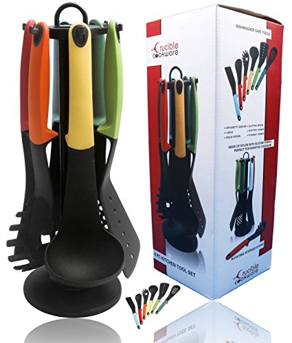 Yivans Küchenutensilien Küchenhelfer Set (7-teilig, inkl. drehbar Aufsteller, Nylon) Küchenspatel, Turner, Schöpfkelle , Spaghetti Server, geschlitzt , Löffel … - 7