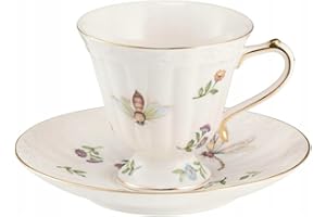 VILLA ITALIA Filiżanka do Kawy Herbaty ze Spodkiem 200 ml – Porcelana - Kolekcja Leda Ivory – Kolor Mleczny – Porcelanowa – Wzór Kwiaty Motyle - Ręcznie Malowane Złote Obrzeża