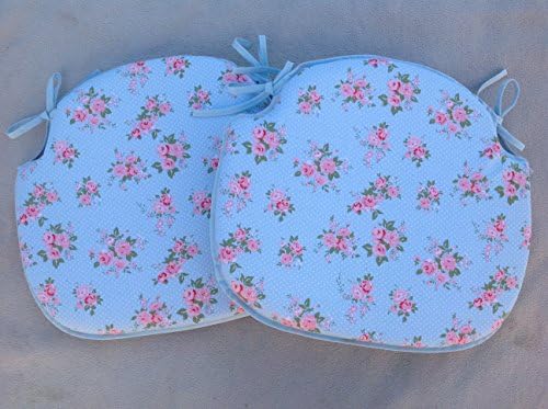 A SET OF 2 LIGHT BLUE WITH PINK FLOWER PATTERN "SPINDLE BACK" CHAIR SEAT PADS