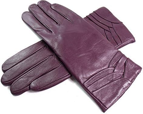 Ladies Womens Premium Quality Super Soft Genuine Leather Faux Fur Lined Gloves Overlap Detail Winter Warm (Small, Purple)