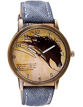 Damen Armbanduhr Quarz Pferd Jeansband alt gold blau