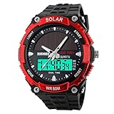 Herren Mode Solar Uhren,Wasserdicht Dual-Elektronik Outdoor Sport Herrenuhren,Studenten Uhren-Rot