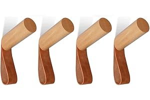 ANZOME Holz Kleiderhaken Haken, 4 Stück Holz Wandhaken Mantelhaken für Garderobenhaken Badezimmer Küche Garderobe Kleiderbügel(einschließlich hängendem Leder aus Rindsleder)