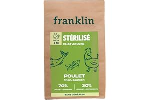 FRANKLIN - Croquette pour Chat Adulte Stérilisé - Gamme Carnivore - 70% De Viande & De Poisson - Croquettes sans Céréales - Riches en Protéines - Fermeture Intégrée - Taille 9mm - 3 kg