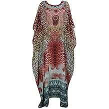 Mogul Interior Womens Caftans Chetah Print with Sequin work Brown V-neck Beach House Dress One Size