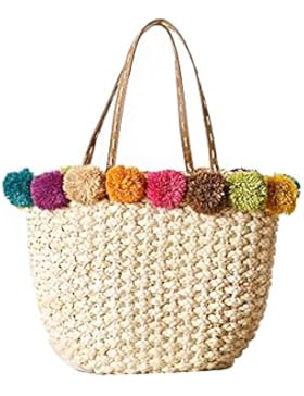 FAIRYSAN Frauen-Stroh-Schulter-Handtaschen-Reise-Feiertags-Einkaufen farbiger Ball-Korb Strandtasche Natürlicher...