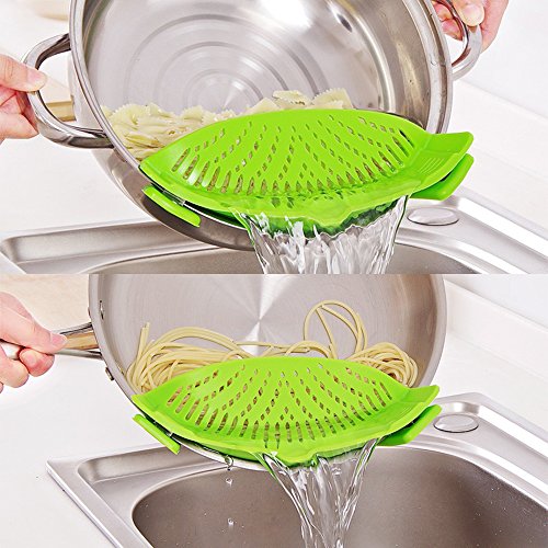 Silikon-Snap-Sieb mit 2 Zusammenklappbaren Trichtern, FineGood Hands-Free Clip-on Hitzebeständiger Colander Pour-Auslauf für Pasta Gemüse-Nudeln Topfschale Pan – Green - 9