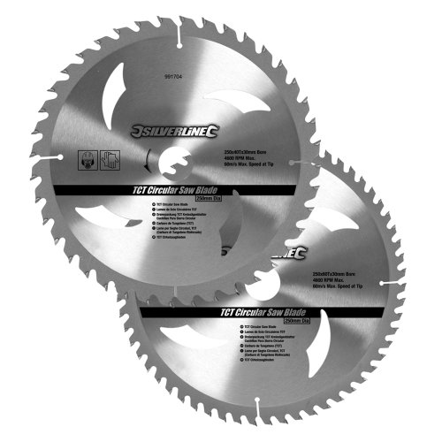 Silverline 991704 Hartmetall-Kreissägeblätter mit 40 und 60 Zähnen, 2er-Pckg 250 x 30, Reduzierstücke: 25, 20 u. 16 mm - 2