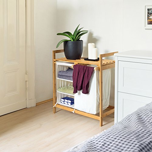 Relaxdays Wäschesammler Linea Bambus HxBxT: ca. 77 x 69,5 x 36 cm Wäschepuff mit 40 Litern Volumen 2 Ablagen und 3 Fächern als Wäschebehälter mit Wäschesack aus weißem Stoff und 2 Griffen, natur - 2