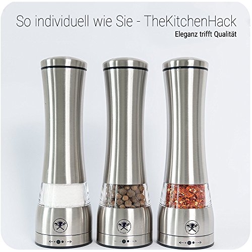 Pfeffermühle bzw. Salzmühle aus Edelstahl (einzeln) mit einstellbarem robusten Keramikmahlwerk für lang andauernde Freude. Das Original von TheKitchenHack - 3