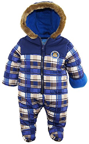 Wippette Baby Boys' Plaid Microfiber Footed One Piece Snowsuit Pram Bunting, Blue, 6-9 Months