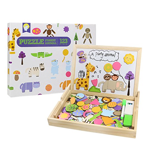 Wooden Jigsaw Puzzles 123 PCS Forest Animals Double Sided Magnetic Wooden Drawing Board with Gift Package for Children over 3 Years Old
