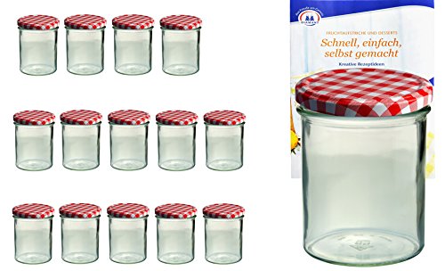 15er Set Sturzglas 350 ml To 82 Deckel rot kariert incl. Diamant Gelierzauber Rezeptheft