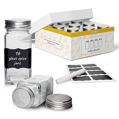 volila 4oz Glass Spice Jars for Herbs and Spices in Square Jars for Freshness and Spice Rack Organisation with Silver Screw Lids and Shakers 120ml, Comes with Stickers and Pen (16 Pack)