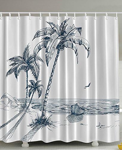 Nautical Shower Curtain by Minsoku, Palms Beach Tropical Decor Shadow Wooden Boat Ocean Waves Rocks Desert Island Sketch Pencil Drawing Lovely Aquatic Design Navy Teal Woven Fabric, 69x70 Inch Long