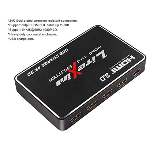 HDMI 2.0 Splitter, LiteXim 1×4 HDMI Splitter with USB Charge Powered HDMI Splitter Amplifier 1 In 4 Out Signal Distributor Certified for 4k x 2K@60Hz & 3D Support - 2
