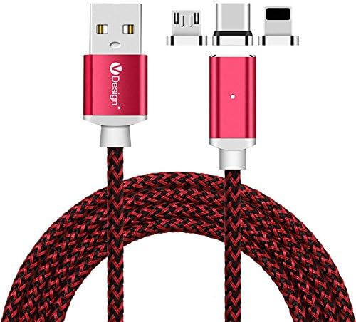 ACALI® 3 Packs 3M 3 in 1 Micro USB/IOS/Type C Magnetic Plug LED Display USB Braided Charging Data Cable (Red)