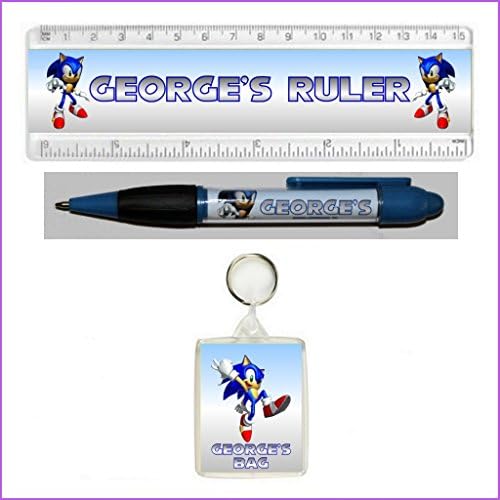 Personalised SONIC THE HEDGEHOG PEN, RULER and KEYRING/BAG TAG - An Ideal Birthday or BACK TO SCHOOL Gift!