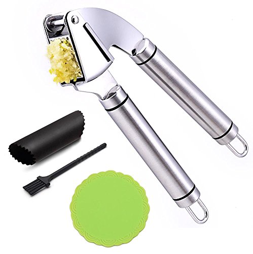TTLIFE Premium Edelstahl Knoblauchpresse Küche Zerkleinerer mit Peeler Set Silikon Tube Roller und Silikon-Pad & zusätzliche Bürste für Haushalt/outdoor leicht zu reinigen