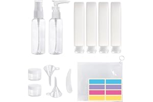SIKAMARU 6-teiliges 50 ml Reiseflaschen-Set, Sprühflasche, leere Kunststoff-Reiseflasche für Hautpflege, Körperwäsche, Shampoo; mit Waschbeutel, Cremeflasche, Applikatormesser, Trichter, Etikettenaufkleber