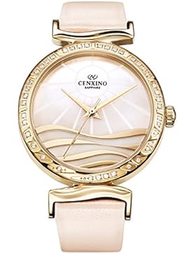 CENXINO Damen Casual Leder Gürtel Damenuhr mit synthetischem Saphir-Objektiv (beige)