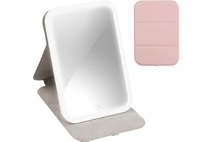FOCENAT Travel Makeup Mirror, Portable LED Vanity Mirror with 360° Light, Touch Screen, 3-Color Dimmable Lighting, Rechargeable, Tabletop & Folding (Pink)