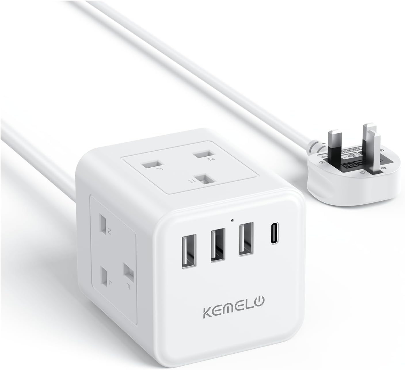 Cube Extension Lead with 4 USB Slots, Kemelo 4 Way (13A/3250W) Multi Plug Extension Cable