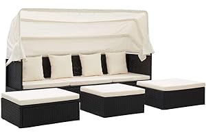 Tidyard Terrassenmöbel Outdoor Daybed mit versenkbarem Baldachin und weichen Kissen, PE Wicker Rattan Rechteck Schnittsofa Set für Lawn Garden Backyard Poolside, Schwarz & Weiß