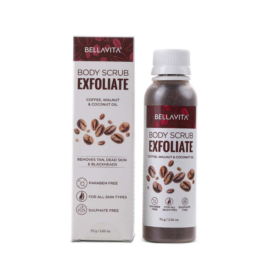 BELLAVITA Exfoliate Coffee Scrub for Face & Body, Blackhead Remover, De Tan Removal Ayurveda, Dirt Removal from Neck, Knees, 