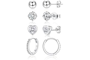 Hasnsofie Silber Ohrstecker Creolen Ohrringe, 4 Paare 925 Sterling Silber Damen Ohrstecker Creolen Ohrringe Set, Klein 5mm Schlafen Ohrstecker mit Zirkonia & 14mm Creolen Ohrringe Set mit Geschenkbox