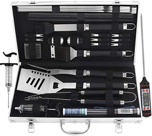 grilljoy Grillbesteck Set, 25er Edelstahl Grillzubehör mit hitzebeständigem Griff im Etui