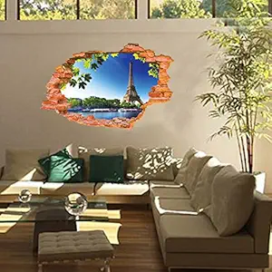 CuteWallDesigns Sticker 3D Hole in The Brick Wall View of Eiffel Tower for Living Room (PVC Vinyl Multicolor)