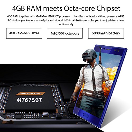 Oukitel K3 4 Kameras Handy Ohne Vertrag 6000mAh Akku 5.5 Zoll Touch-Display 1920*1080pixel Double (16MP+2MP) 64GB Interner Speicher 4GB Ram Octa Core 4G Dual SIM Smartphone Fingerabdruck-Blau