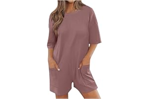 Keepink Oversized Rompers for Women 2024 Summer Casual Short Jumpsuits Half Sleeve Crew Neck Loose T-Shirt Romper with Pockets Athletic Workout Onesie Ladies Short Overalls Trendy