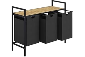 STEELSØN Rigil Wäschesammler 3 Fächer – Wäschekorb mit 1 Bambus Ablage – 3x 40 L Wäscheboxen in schwarz – Metall Wäschesortierer – ausziehbare & herausnehmbare Wäschesäcke – Schmutzwäschebehälter