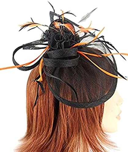 Black Sinamay Large Gathered Tear Drop Shaped Hair Fascinator with Orange and Black Feathers on 9cm Sprung Clip