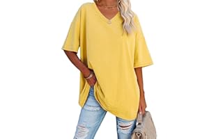 Ebifin T-shirt surdimensionné pour femme avec col en V, manches courtes, décontracté, basique, pour l'été