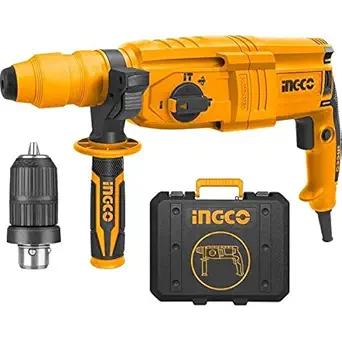 Ingco Innovative Industrial 800W Corded-Electric Rotary Hammer Cum Breaker Cum Demolition Hammer with 3 Drill and 2 Chisels - 26 inches chuck, Yellow