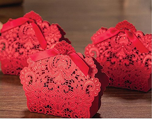 PONATIA 50 pcs laser Schnitt mit Band Hochzeit Party Favor, Hochzeit Geschenk Taschen Schokolade und Geschenk-Boxen (Red) - 4