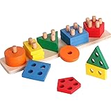 KidzBell Wooden Sorting & Stacking Toy, Shape Sorter Toys for Toddlers, Montessori Color Recognition Stacker, Early Education
