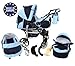 3-in-1 Travel System incl. Baby Pram with Swivel Wheels, Car Seat, Pushchair & Accessories, Navy Blue & Blue