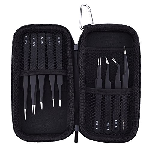 Mudder 9 Stück Anti-Statik ESD Pinzetten Pinzette Kit Unmagnetischer ESD Pinzette mit Aufbewahrungstasche - 6