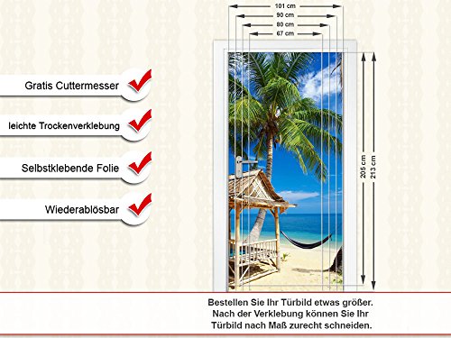 Türbild Türaufkleber Tür Deko Türsticker Badezimmer Hängematte Strand Palme (67x205cm) - 2