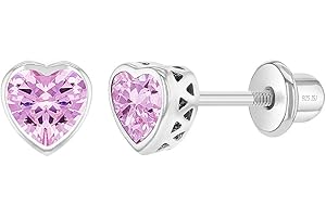 In Season Jewelry Plata Fina 925 Pendientes con Cierre de Rosca de Seguridad de Corazón para Niñas con Bisel de Diamante de imitacion de Circonia para Bebés, Niñas y Niñas Pequeñas