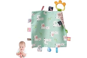 HECCEI Baby Tags Security Blankets - Baby Soothing Plush Blanket with Colorful Tags, Square Sensory Taggy, 10 x 10 inches, for 3-12 Months Babies