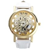 Armbanduhr - SODIAL(R)Damen Herren Skelett Uhr Kunstleder Armband Analog Quarz Armbanduhr Sport Weiss band & Gold Zifferblatt